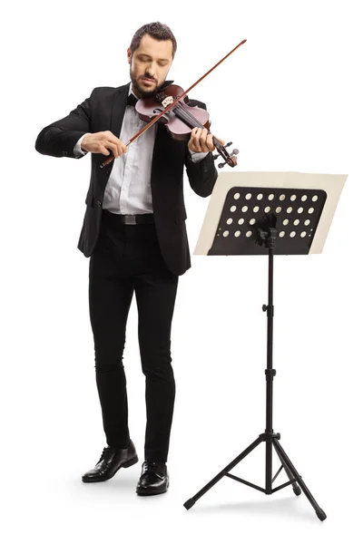 Full Length Portrait Elegant Man Playing Violin Music Stand Isolated — Fotografia de Stock