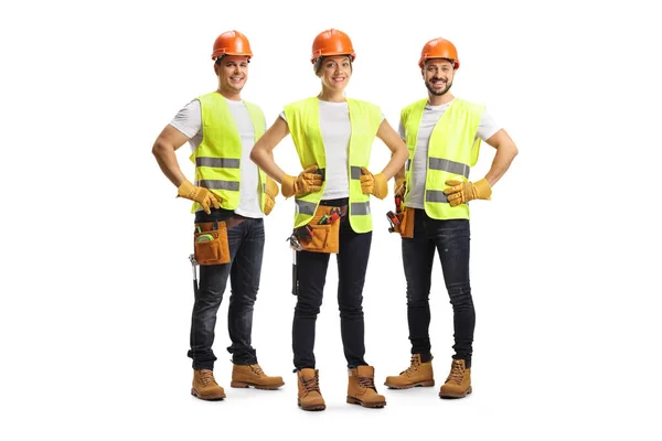 Full Length Portrait Site Engineers Wearing Tool Belt Safety Vests — Stock Fotó