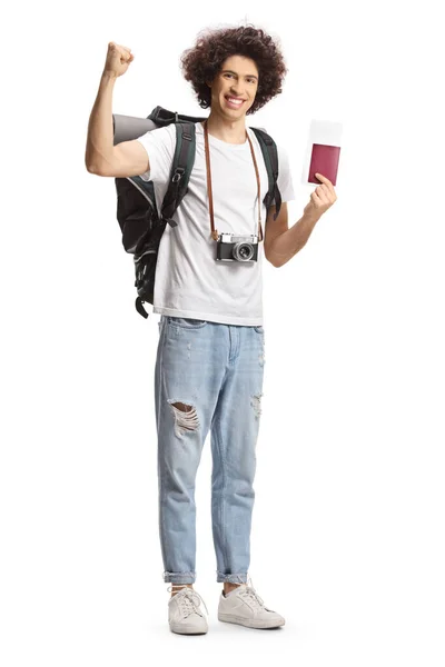 Young Male Tourist Backpack Showing Passport Gesturing Happiness Isolated White — Foto Stock