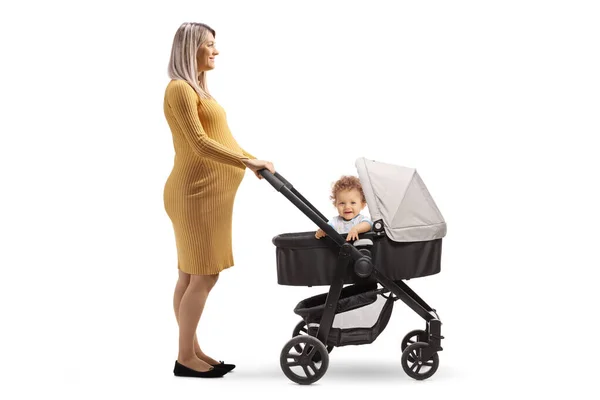 Full Length Profile Shot Pregnant Woman Child Stroller Isolated White — Stockfoto