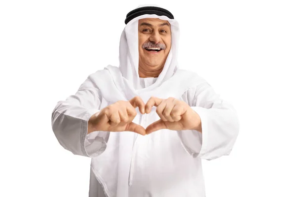 Happy Mature Arab Man Gesturing Heart Symbol Hands Isolated White — 스톡 사진