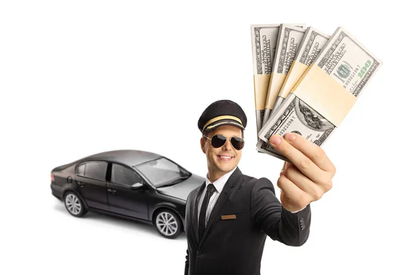 Professional Chauffeur Holding Money Front Black Car Isolated White Background — Foto Stock