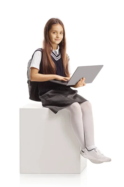 Smiling Little Schoolgirl Sitting Laptop Isolated White Background — Foto Stock