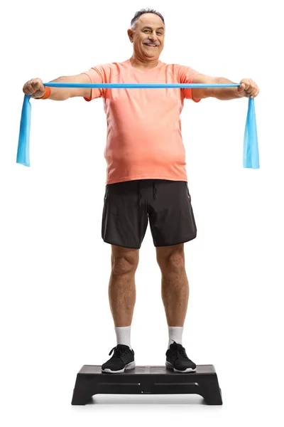 Full Length Portrait Mature Man Sportswear Exercising Stretch Strap Step — 스톡 사진