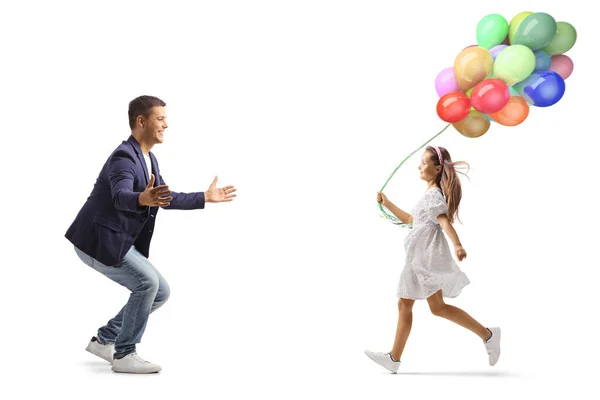 Girl Holding Balloons Running Young Man Isolated White Background — Foto de Stock