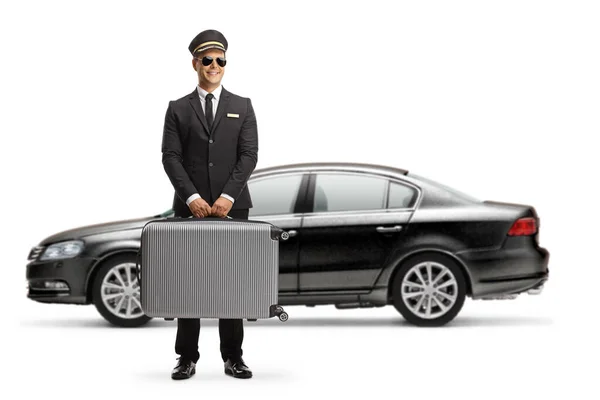 Chauffeur Carrying Suitcase Standing Front Black Car Isolated White Background — 스톡 사진