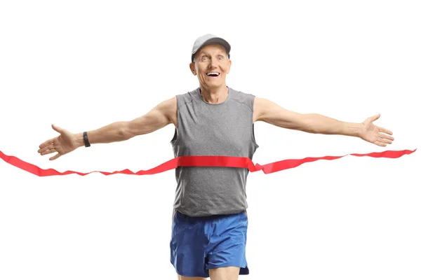 Elderly Man Finish Marathon Race Isolated White Background — Photo