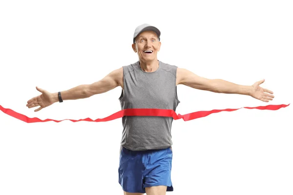 Elderly Man Finish Marathon Race Isolated White Background — Stok fotoğraf