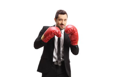 Man in a suit and tie wearing boxing gloves isolated on white background