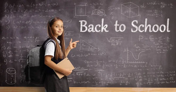 Girl School Uniform Backpack Book Pointing Blackboard Message Back School — ストック写真