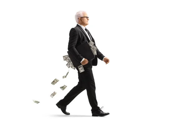 Full Length Profile Shot Mature Businessman Walking Briefcase Full Money — Photo