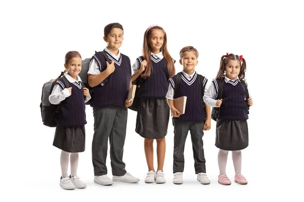 Younger Older Schoolchildren School Uniforms Isolated White Background — Stok fotoğraf