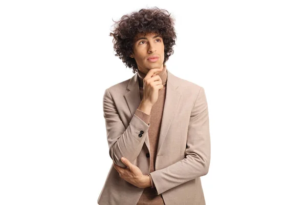 Young Man Curly Hair Thinking Looking Distance Isolated White Background —  Fotos de Stock