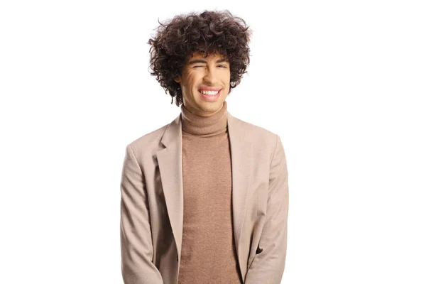 Young Man Curly Hair Winking Isolated White Background — Zdjęcie stockowe