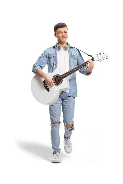 Young Male Playing Acoustic Guitar Walking Camera Isolated White Background — Zdjęcie stockowe