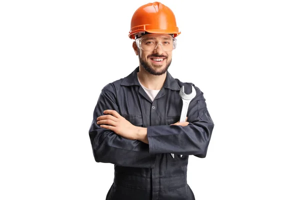 Smiling Young Worker Orange Hardhat Holding Wrench Isolated White Background — Stok fotoğraf
