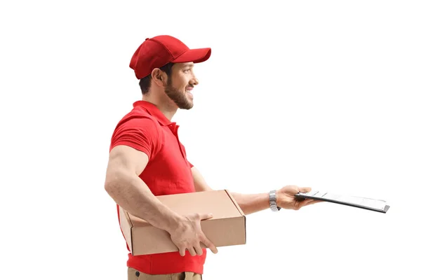 Courier Delivering Package Holding Clipboard Signature Isolated White Background — ストック写真