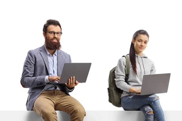 Female Student Bearded Man Sitting Blank Board Laptop Computers Isolated — Stockfoto