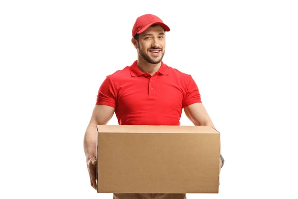 Young Delivery Man Cardboard Package Isolated White Background — Fotografia de Stock