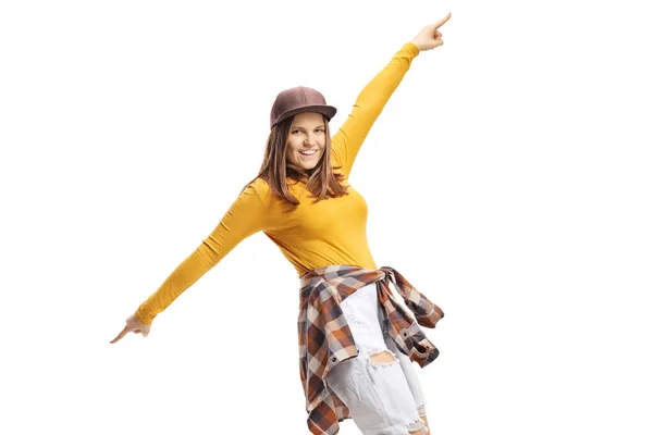 Happy Young Woman Casual Clothes Dancing Pointing Fingers Isolated White — Zdjęcie stockowe