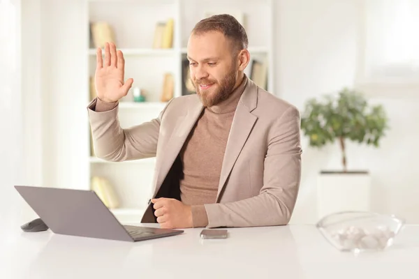 Man Sitting Front Laptop Computer Making Video Call Home — Stockfoto