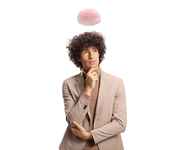 Young Pensive Man Brain His Head Isolated White Background — Stockfoto