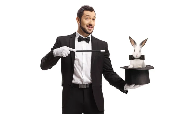 Magician Performing Trick Hat Rabbit Isolated White Background — 图库照片