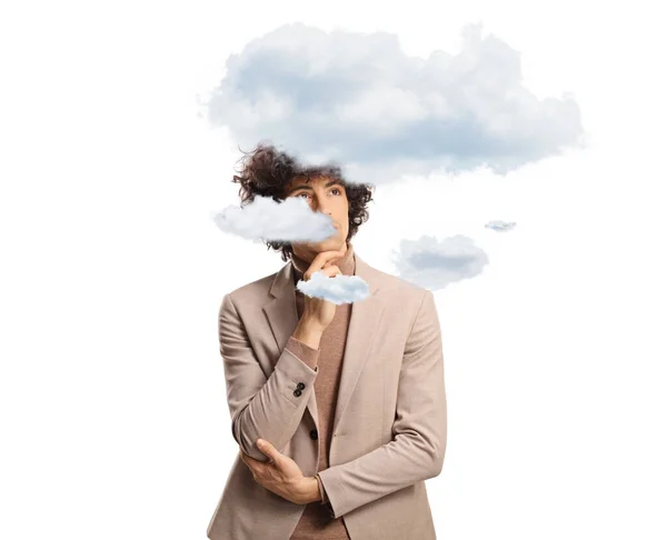 Young Pensive Man Clouds His Head Isolated White Background — Stockfoto