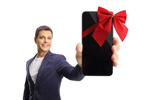 Man Showing Smartphone Tied Red Bow Front Camera Isolated White — Stok fotoğraf
