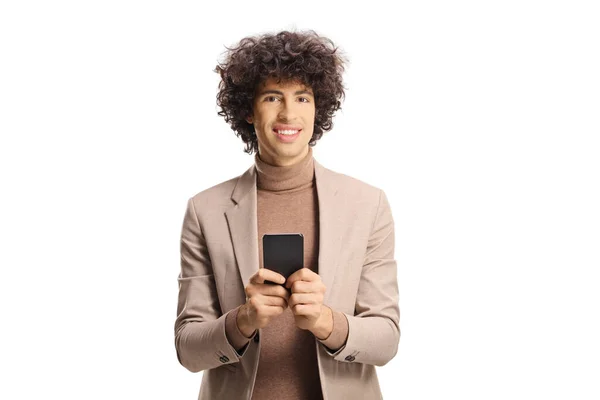 Elegant Young Man Curly Hair Holding Smartphone Looking Camera Isolated — Foto de Stock