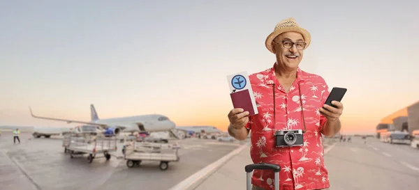 Mature Male Tourist Holding Passport Plane Ticket Airport Apron — Zdjęcie stockowe