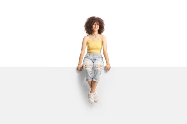 Full Length Portrait Trendy Young Caucasian Female Afro Hairstyle Sitting — Fotografia de Stock