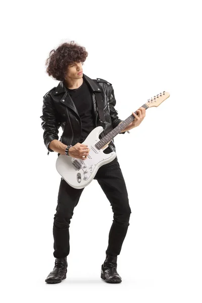 Full Length Shot Man Leather Jacket Playing Electric Guitar Isolated — Stock fotografie