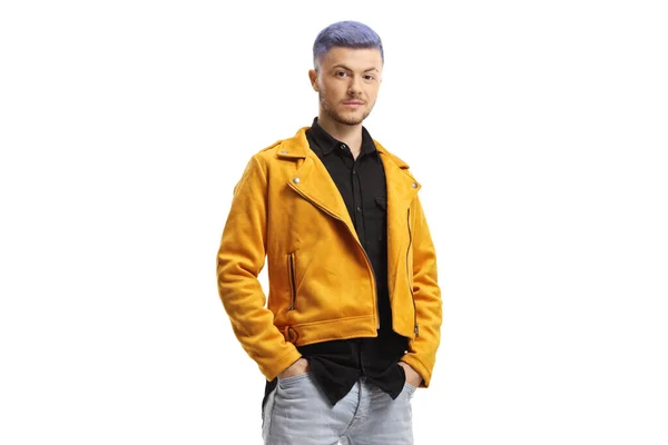 Guy Yellow Leather Jacket Dyed Hair Isolated White Background — Stock Photo, Image