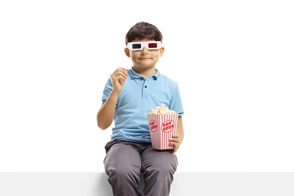 Boy Cinema Glasses Sitting Panel Eating Popcorn Isolated White Background —  Fotos de Stock