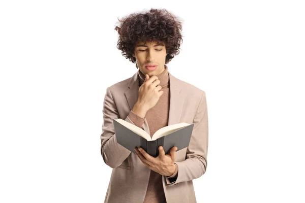 Young Man Curly Hair Reading Book Isolated White Background — Foto Stock