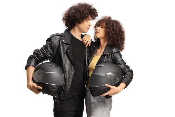 Young Couple Leather Jackets Holding Motorbike Helmets Isolated White Background — Stockfoto