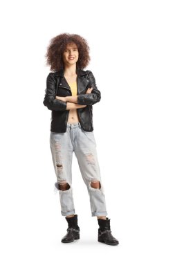 Full length portrait of a young caucasian woman with afro hairstyle wearing a leather jacket and jeans isolated on white background