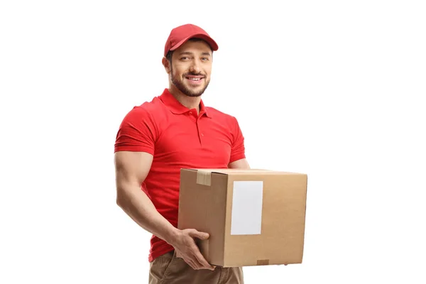 Courier Holding Cardboard Package Isolated White Background — Stock fotografie