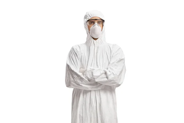 Worker Wearing Decontamination Suit Mask Isolated White Background — ストック写真