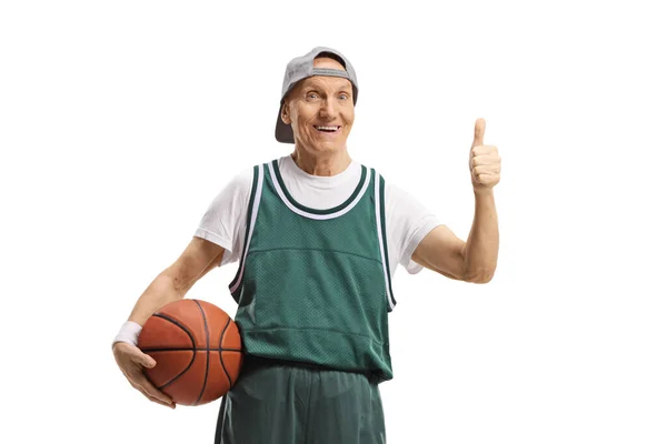 Elderly Man Green Jersey Holding Basketball Showing Thumbs Isolated White — Stok Foto