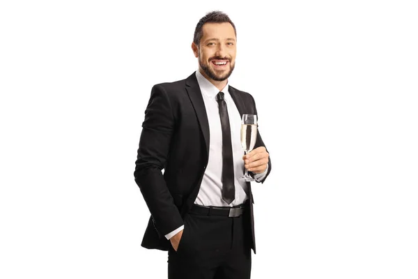 Businessman Holding Glass Champagne Smiling Isolated White Background — Stockfoto