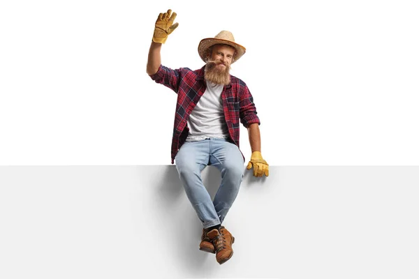 Full Length Portrait Young Farmer Gloves Straw Hat Sitting Panel — Foto Stock