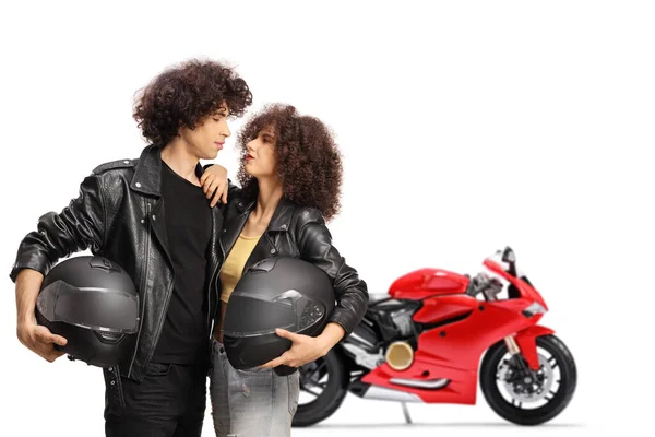 Young Couple Motorbike Leather Jackets Holding Helmets Isolated White Background — Foto Stock
