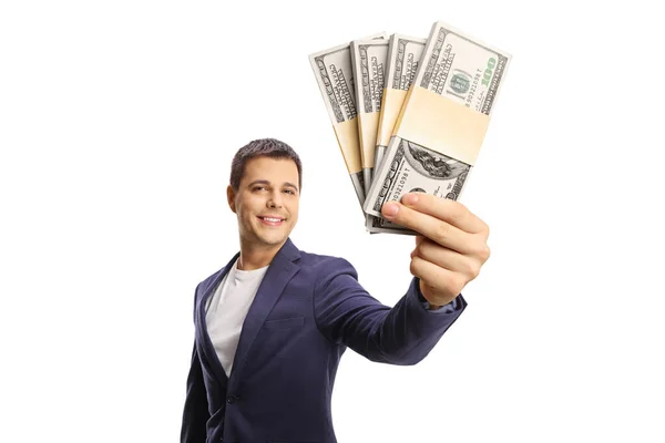 Professional Young Man Showing Money Front Camera Isolated White Background — ストック写真