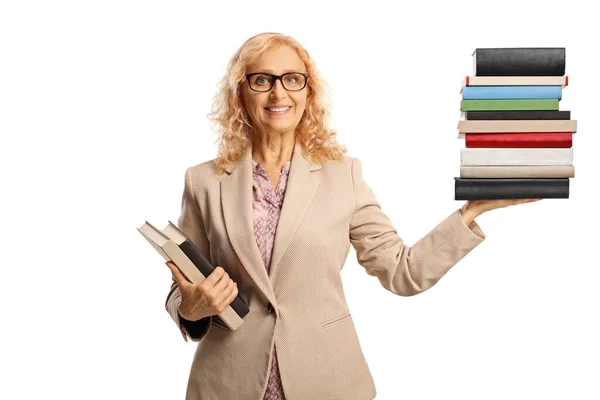 Female Teacher Holding Books Pile Books One Hand Smiling Isolated — Stok fotoğraf