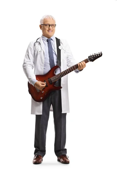 Full Length Portrait Doctor Electric Guitar Isolated White Background — Fotografia de Stock