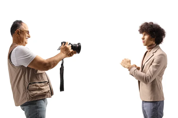 Photographer Taking Photo Young Male Model Isolated White Background —  Fotos de Stock