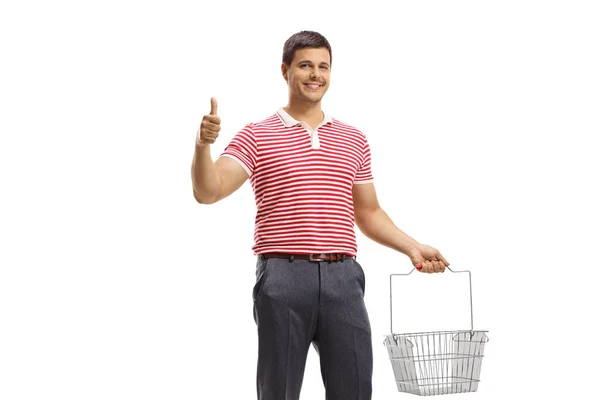 Customer Holding Empty Shopping Basket Gesturing Thumb Sign Isolated White — Foto Stock