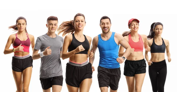 Group Runners Running Camera Isolated White Background — Photo